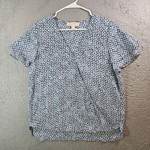 Michael Kors Wrap Top Women Large Geometric Print‎ Ruffle Sleeve Blue White